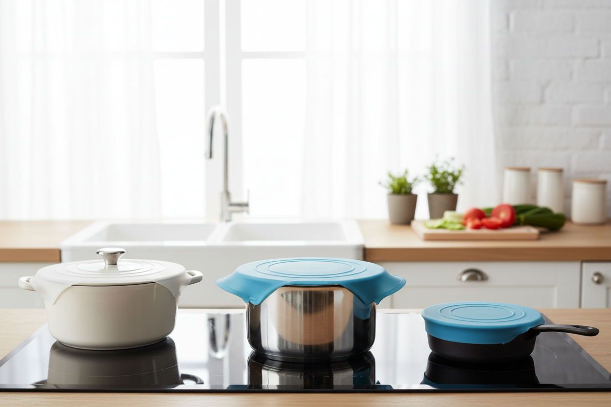 Tampa universal de silicone em uso na cozinha