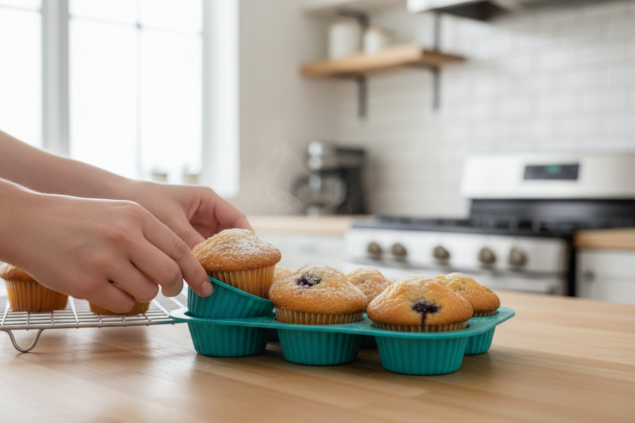 Moldes para muffins de silicone em uso