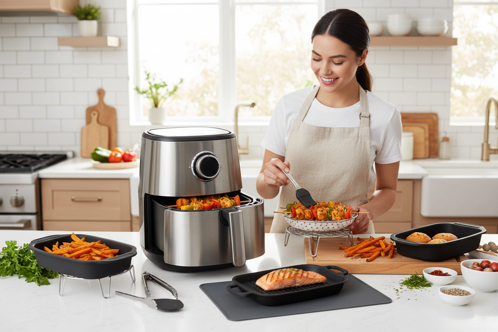Kit de acessórios para air fryer em uso