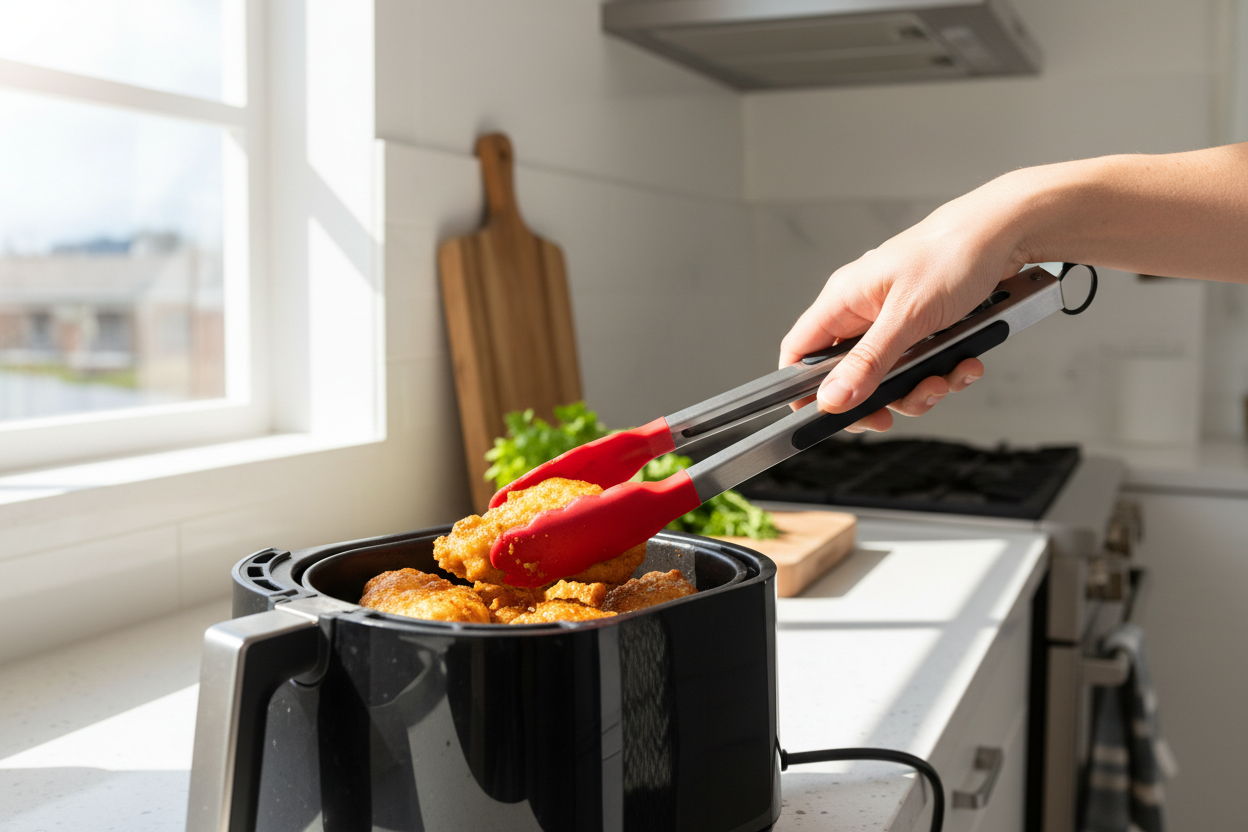 Pegador de silicone em uso na cozinha