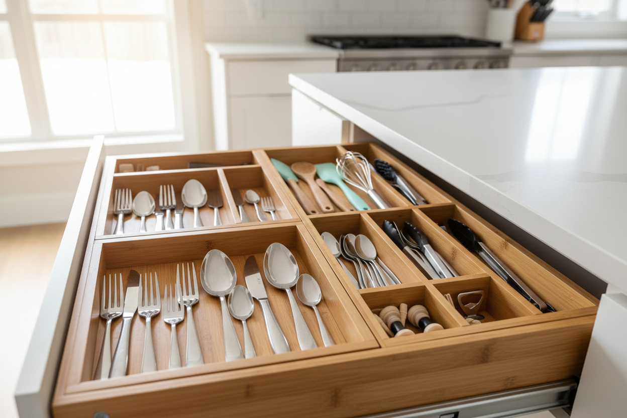 Organizadores de gavetas em uso na cozinha