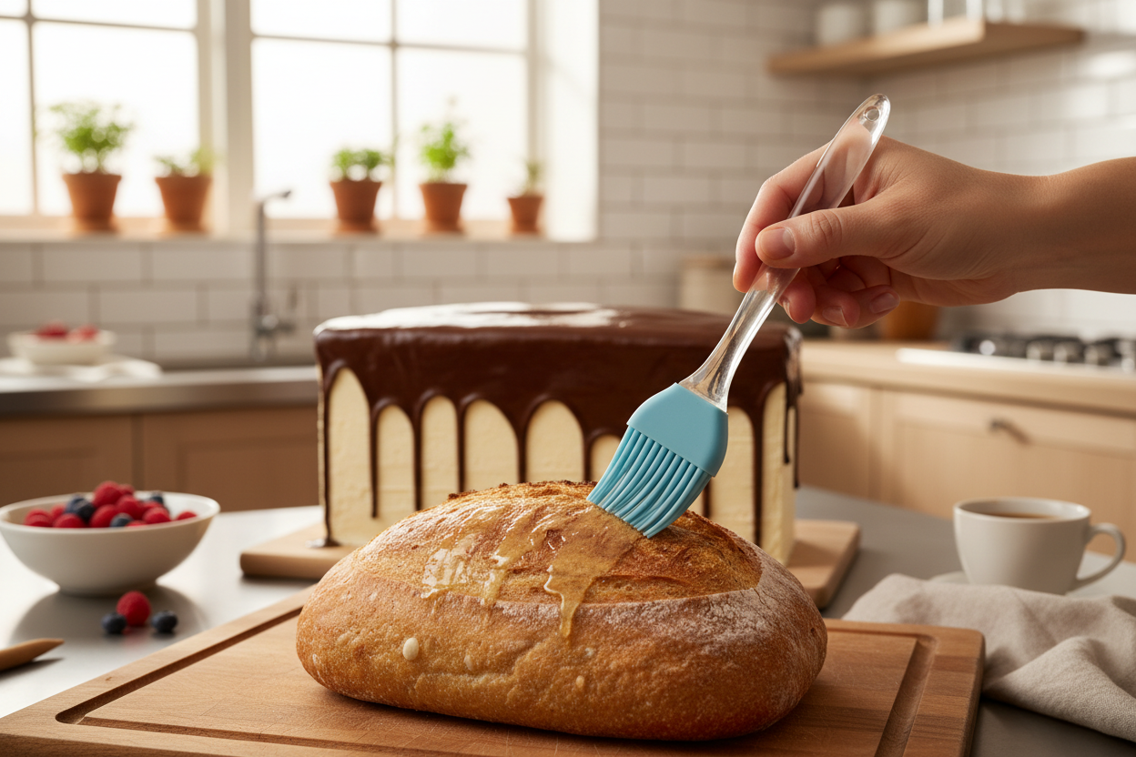 Pincel culinário de silicone em uso na cozinha