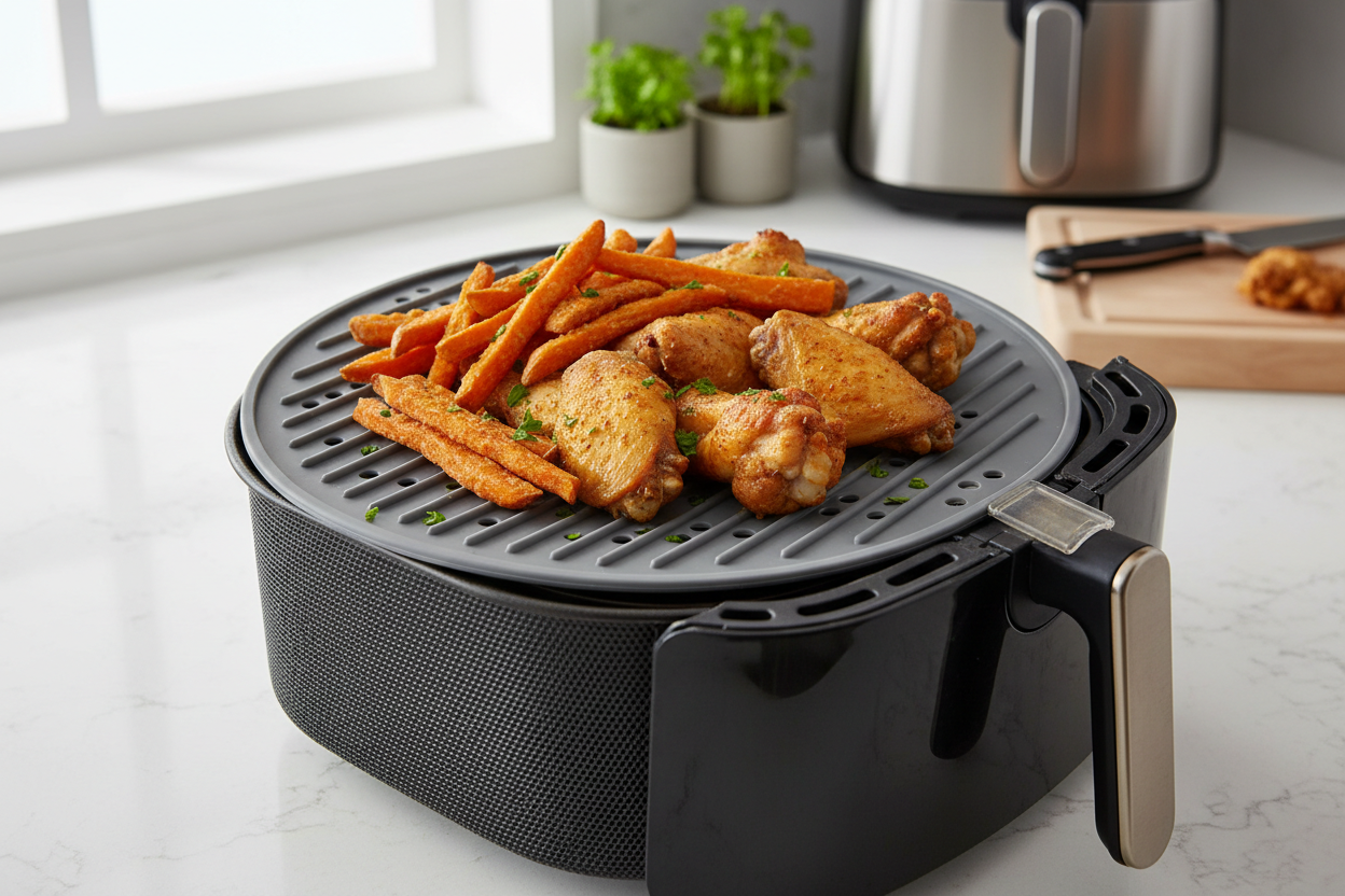 Tapete reutilizável para air fryer em uso