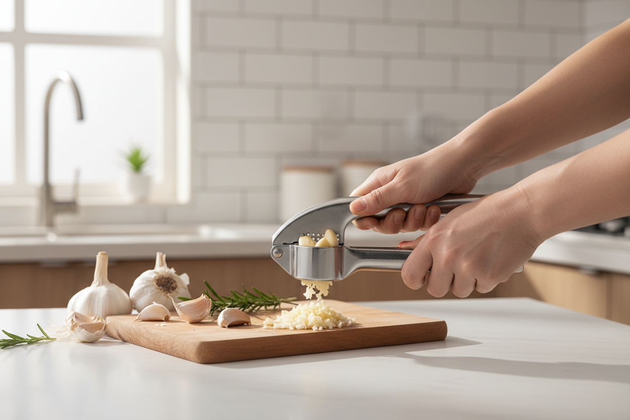 Triturador manual de alho em uso na cozinha