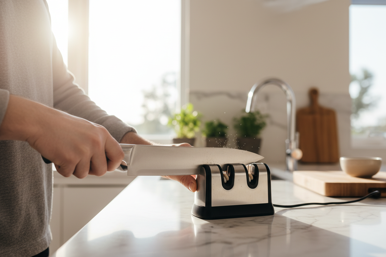 Afiador de facas em uso na cozinha