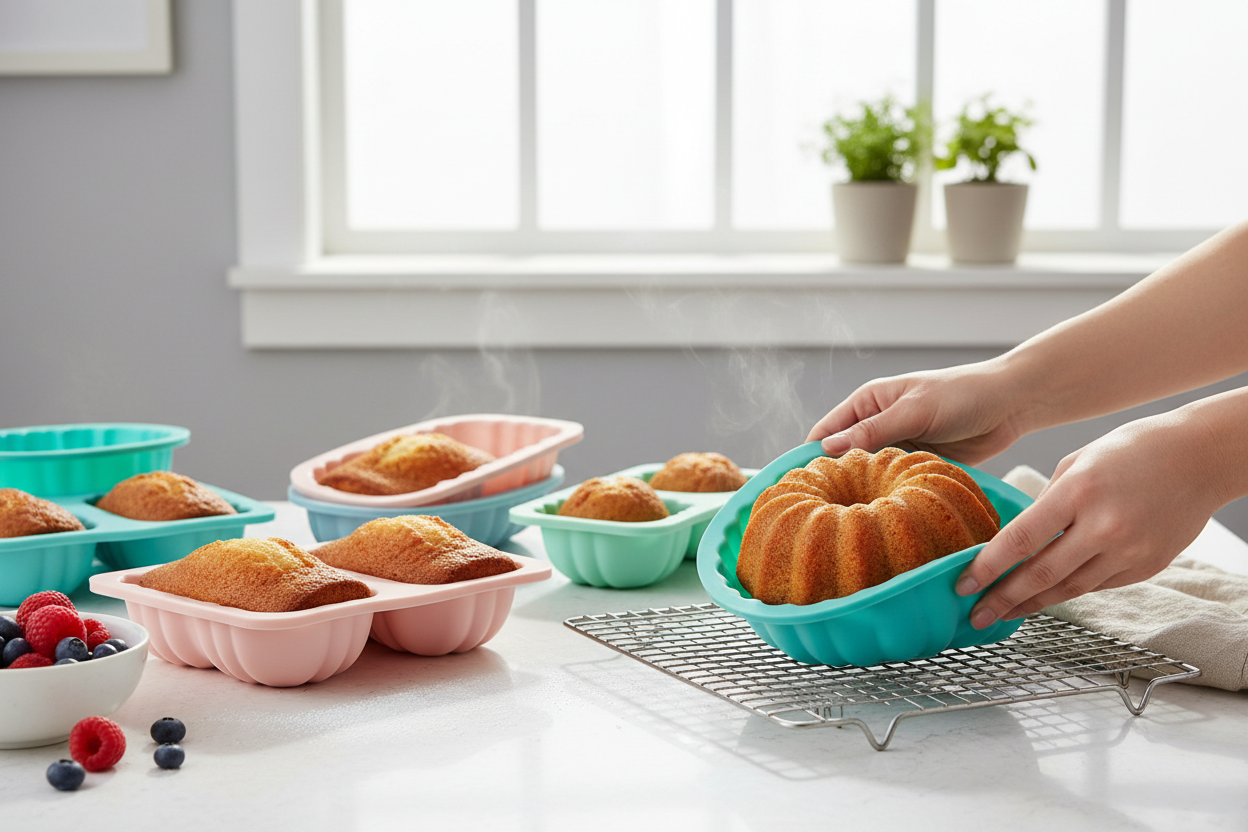 Formas de silicone em uso na cozinha
