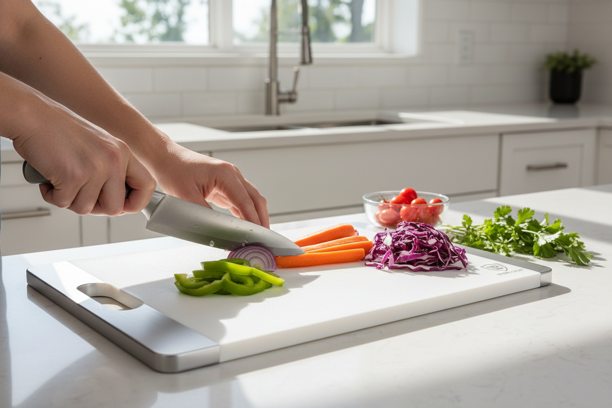 Tábua de corte antibacteriana em uso na cozinha