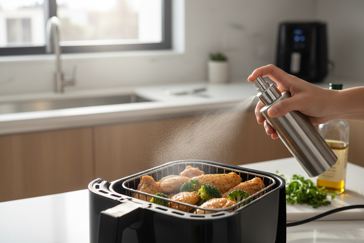 Pulverizador de óleo premium em uso na cozinha