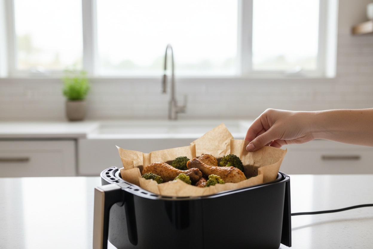 Papel descartável para air fryer em uso