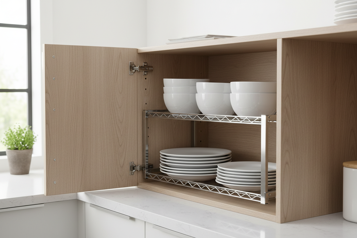 Prateleiras expansíveis em uso na cozinha